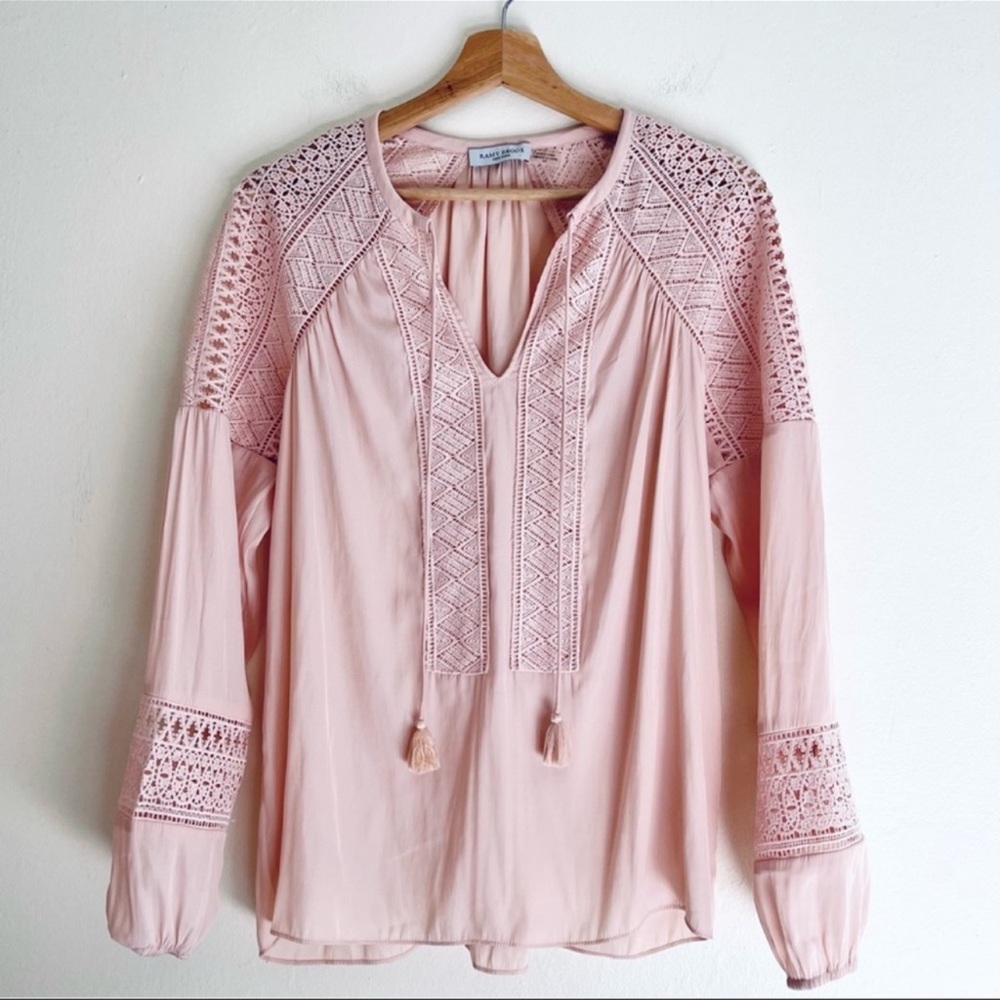 Ramy Brook Pink Boho Lace-Trim Peasant Blouse